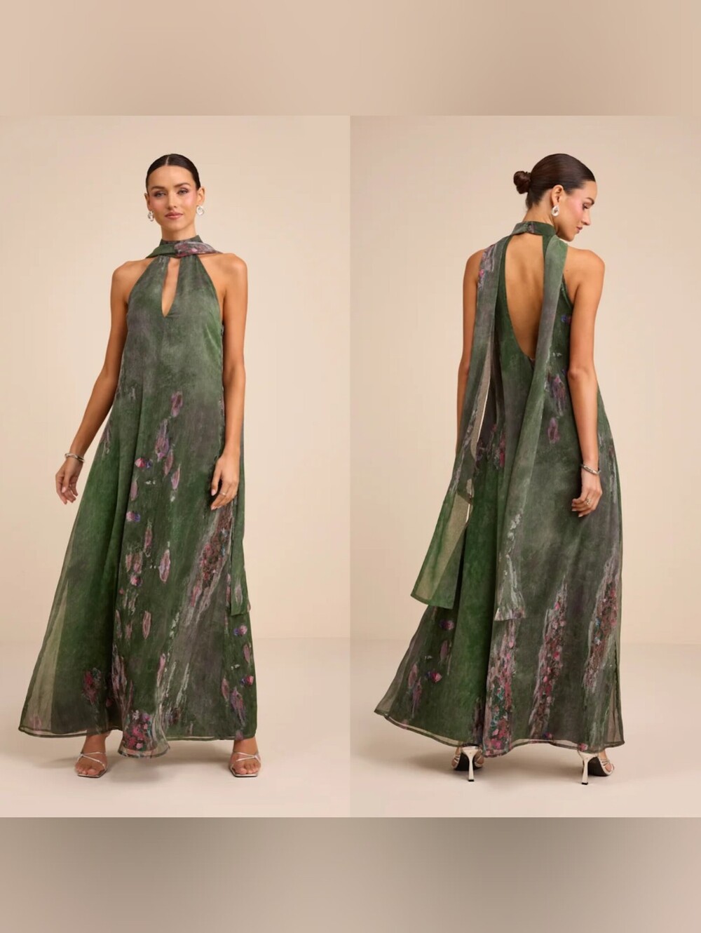 Lulus Calixta Green Abstract Chiffon Sash Shift Maxi Dress XL Wedding Party